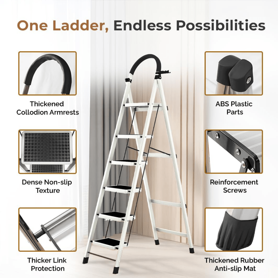 6-Step Foldable Carbon Mild Steel Ladder for Home