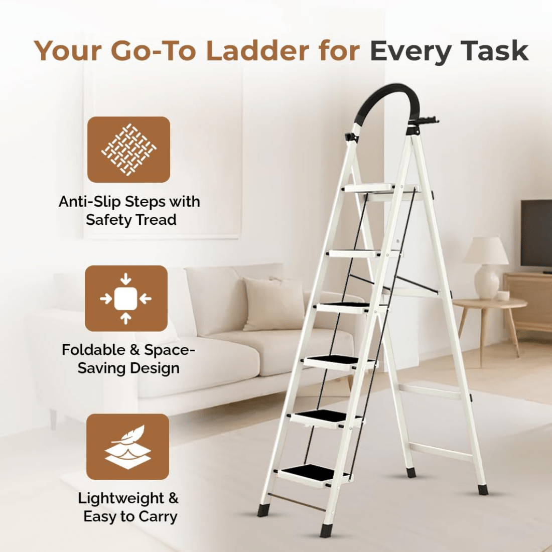 6-Step Foldable Carbon Mild Steel Ladder for Home
