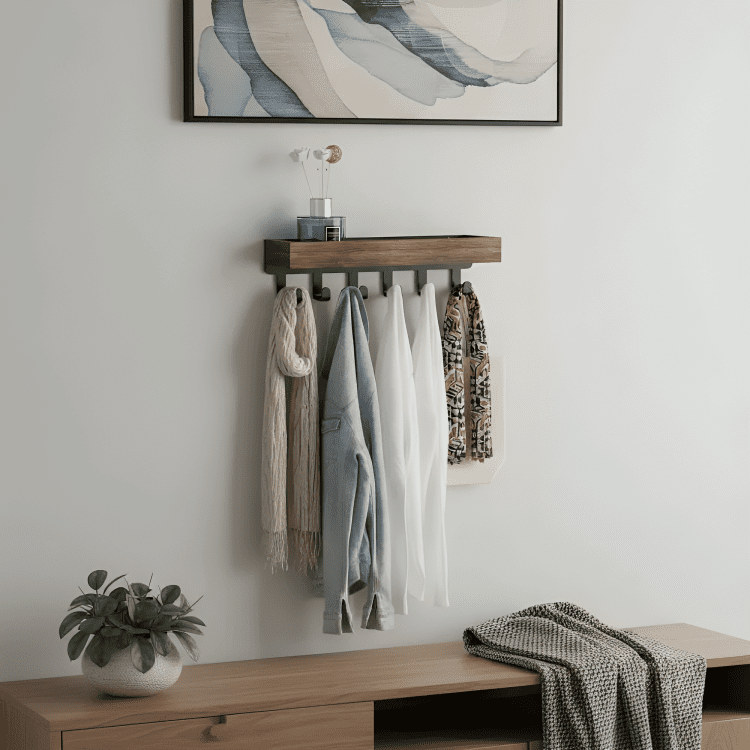 Wall-Mounted Metal Wooden Coat Rack with Shelf and Hooks