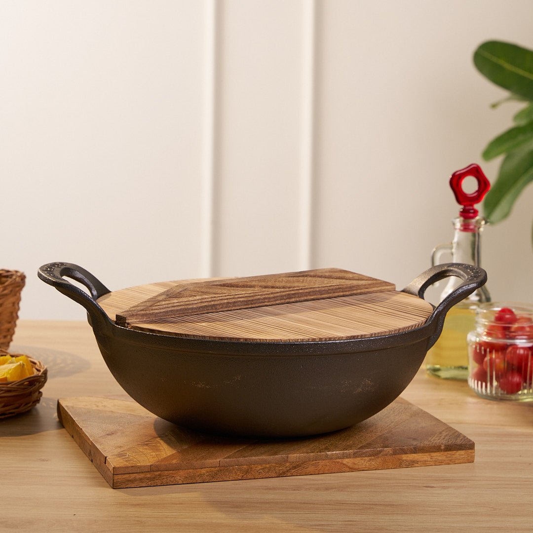 Cast Iron Non-Stick Cooking Pot with Grab Handles And Wooden Lid