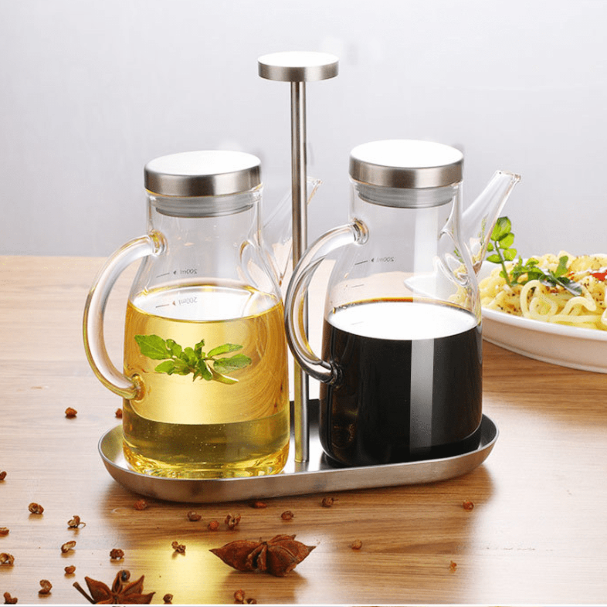 Borosilicate Seasoning Oil Dispenser with Stand Set of 2 (200ml Each)