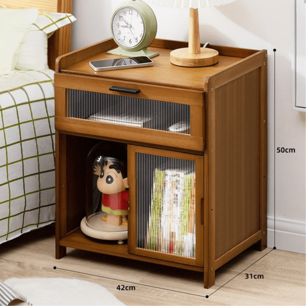 Bamboo Bedside Table with Silent Sliding Drawer & Clear Panel (42cm)