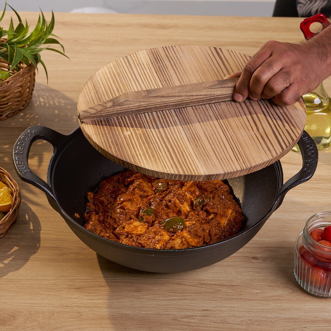 Cast Iron Non-Stick Cooking Pot with Grab Handles And Wooden Lid