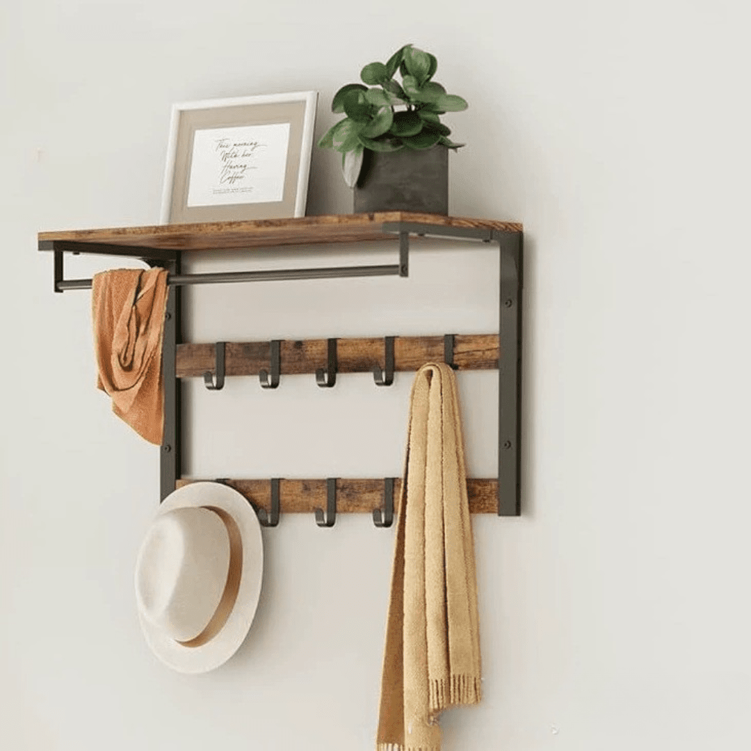 Wall-Mounted Metal Wooden Coat Rack with Shelf and Hooks