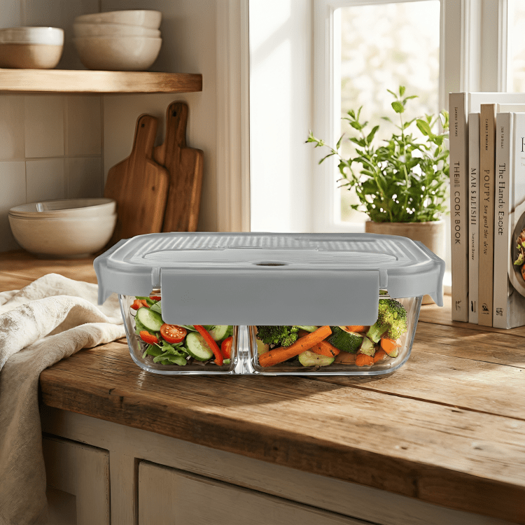 3-Compartment Rectangle Glass Food Container (1050ml)