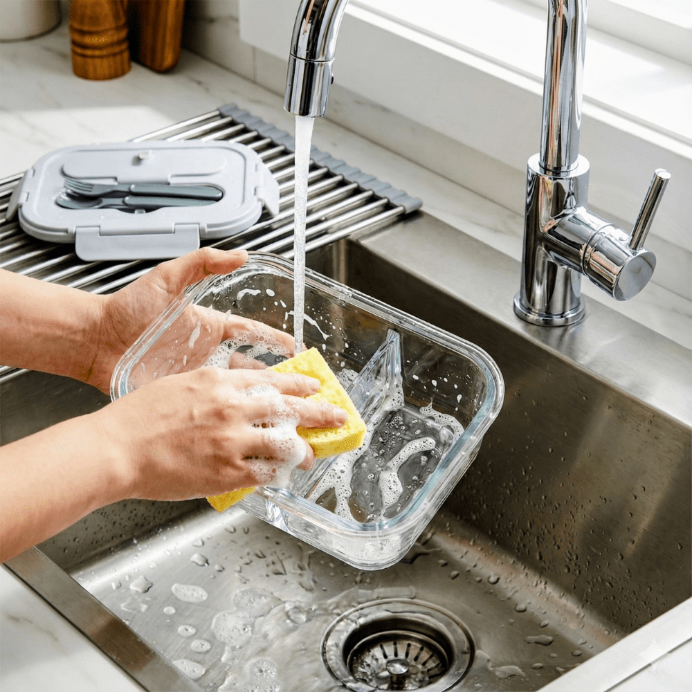 2-Compartment Rectangle Glass Food Container (1050ml)