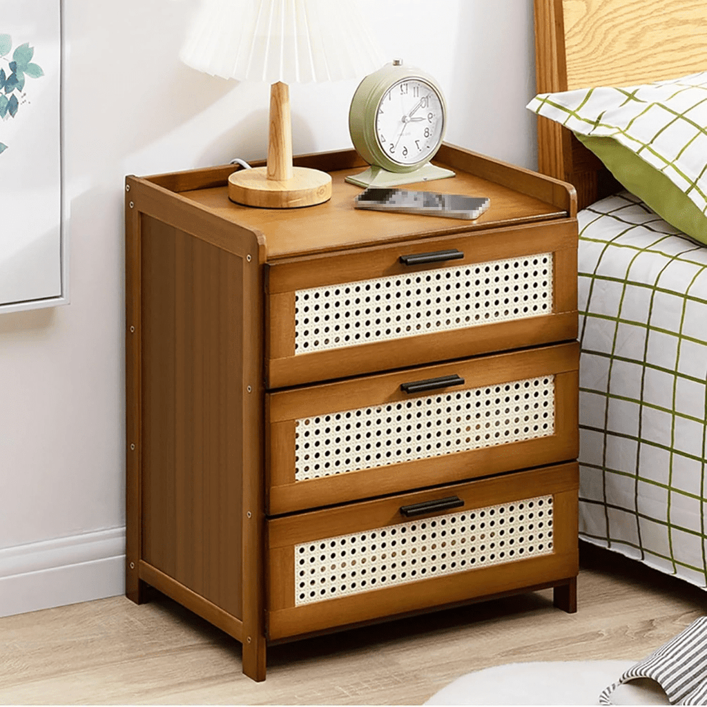 Bamboo Wood Bedside Table with Sliding Drawer & Rattan Cabinet (42cm)
