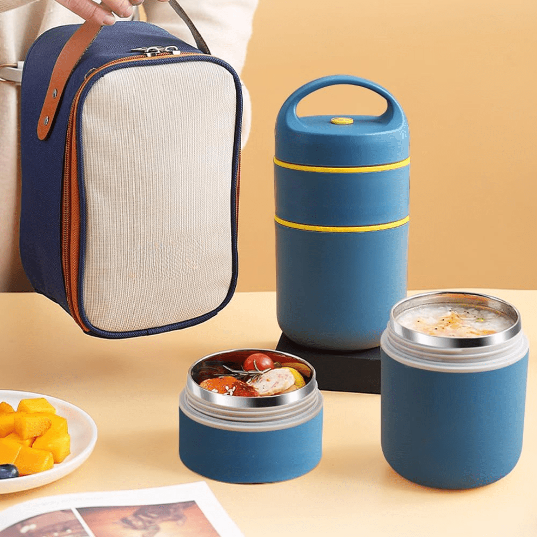 2-Tier Stainless Steel Insulated Lunch Box with Bag (680ml)