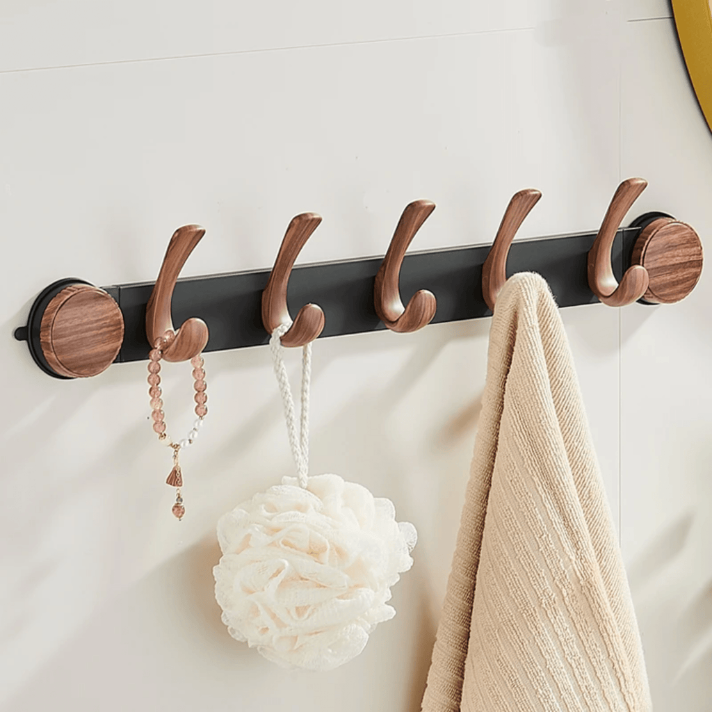 Wall-Mounted 5-Hook Rack with Vacuum Suction and Wood Finish