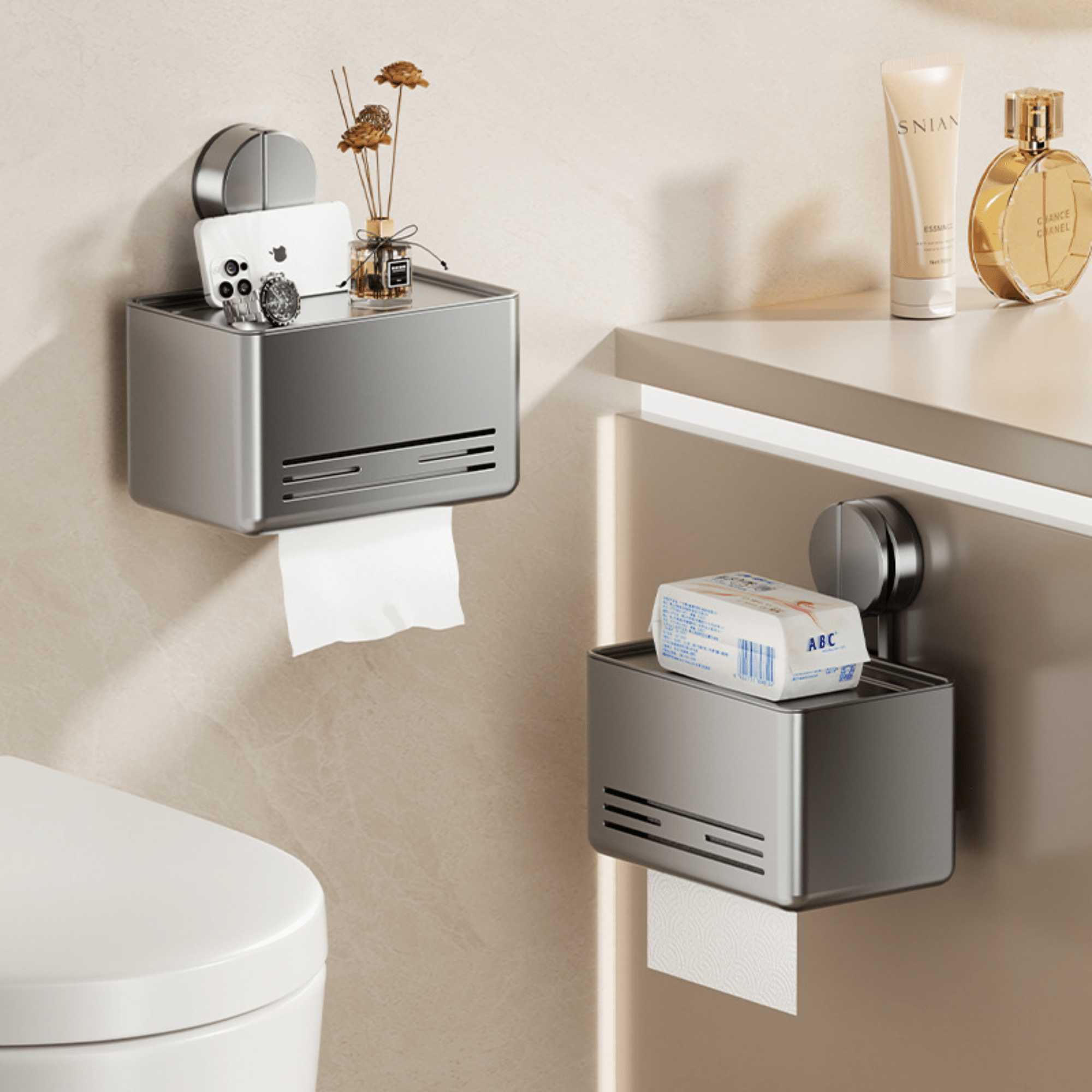 Wall-Mounted Suction Cup Toilet Tissue Box with Storage Shelf