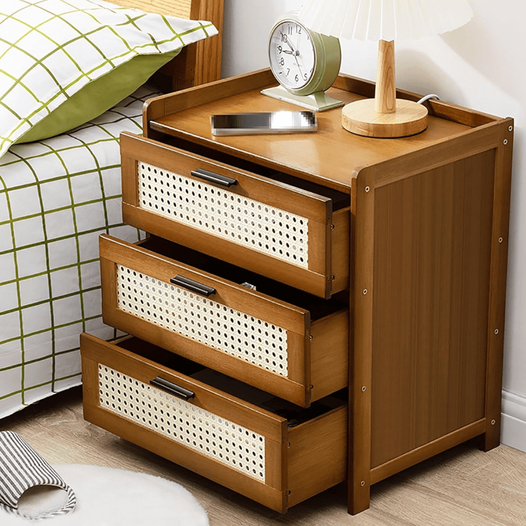 Bamboo Wood Bedside Table with Sliding Drawer & Rattan Cabinet (42cm)