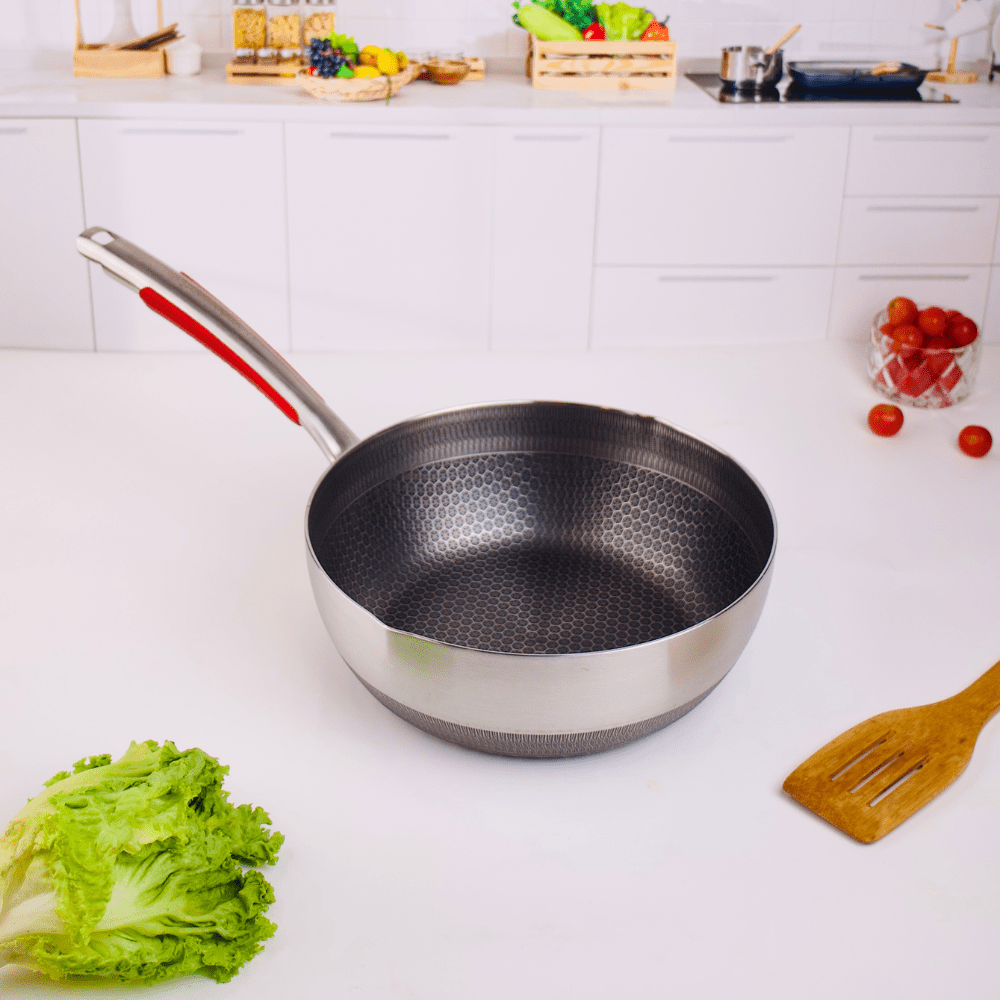 Stainless Steel Multifunctional Honeycomb Deep Frying Pan with Lid(24cm)