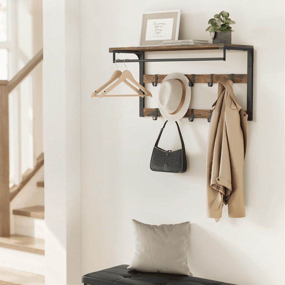 Wall-Mounted Metal Wooden Coat Rack with Shelf and Hooks