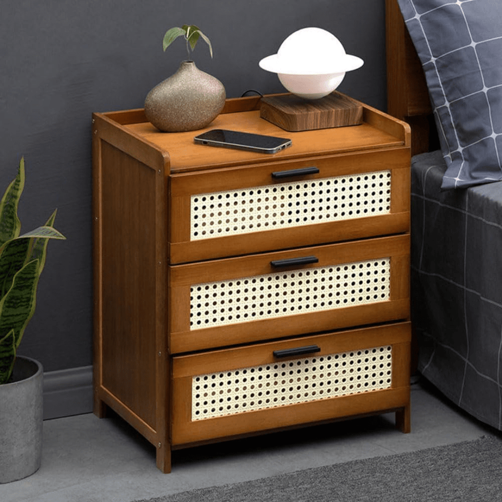Bamboo Wood Storage Organizer with Imitation Rattan Cabinet (42cm)