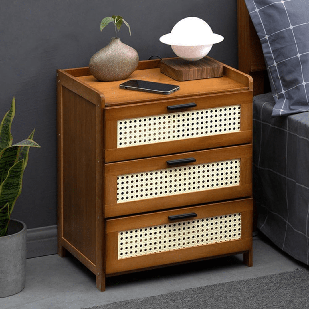 Bamboo Wood Storage Organizer with Imitation Rattan Cabinet (42cm)