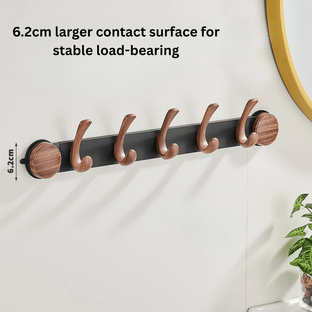 Wall-Mounted 5-Hook Rack with Vacuum Suction and Wood Finish