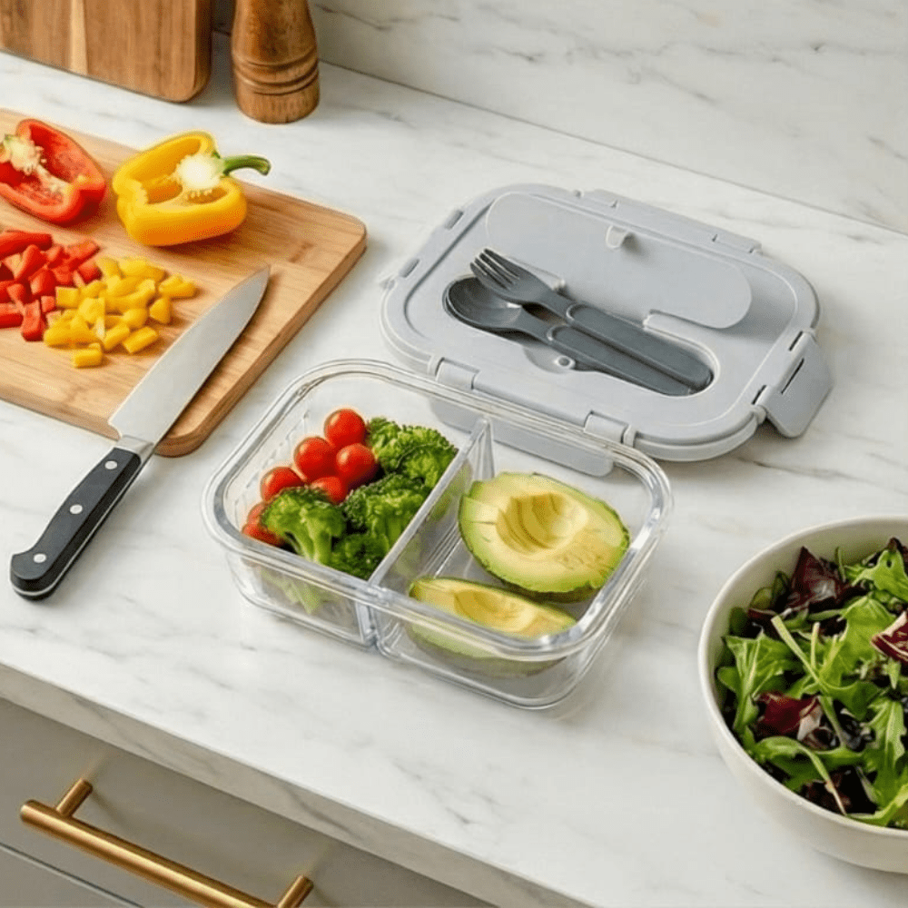 2-Compartment Rectangle Glass Food Container (1050ml)