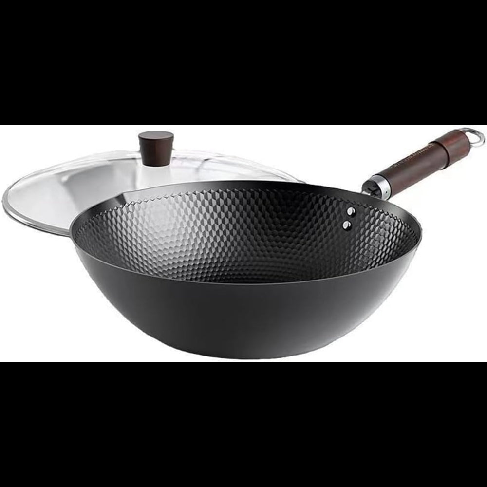 Traditional Uncoated Iron Wok with Wooden Handle & Glass Lid (30cm)