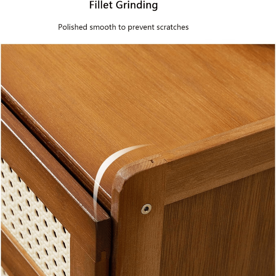 Bamboo Wood Bedside Table with Sliding Drawer & Rattan Cabinet (42cm)