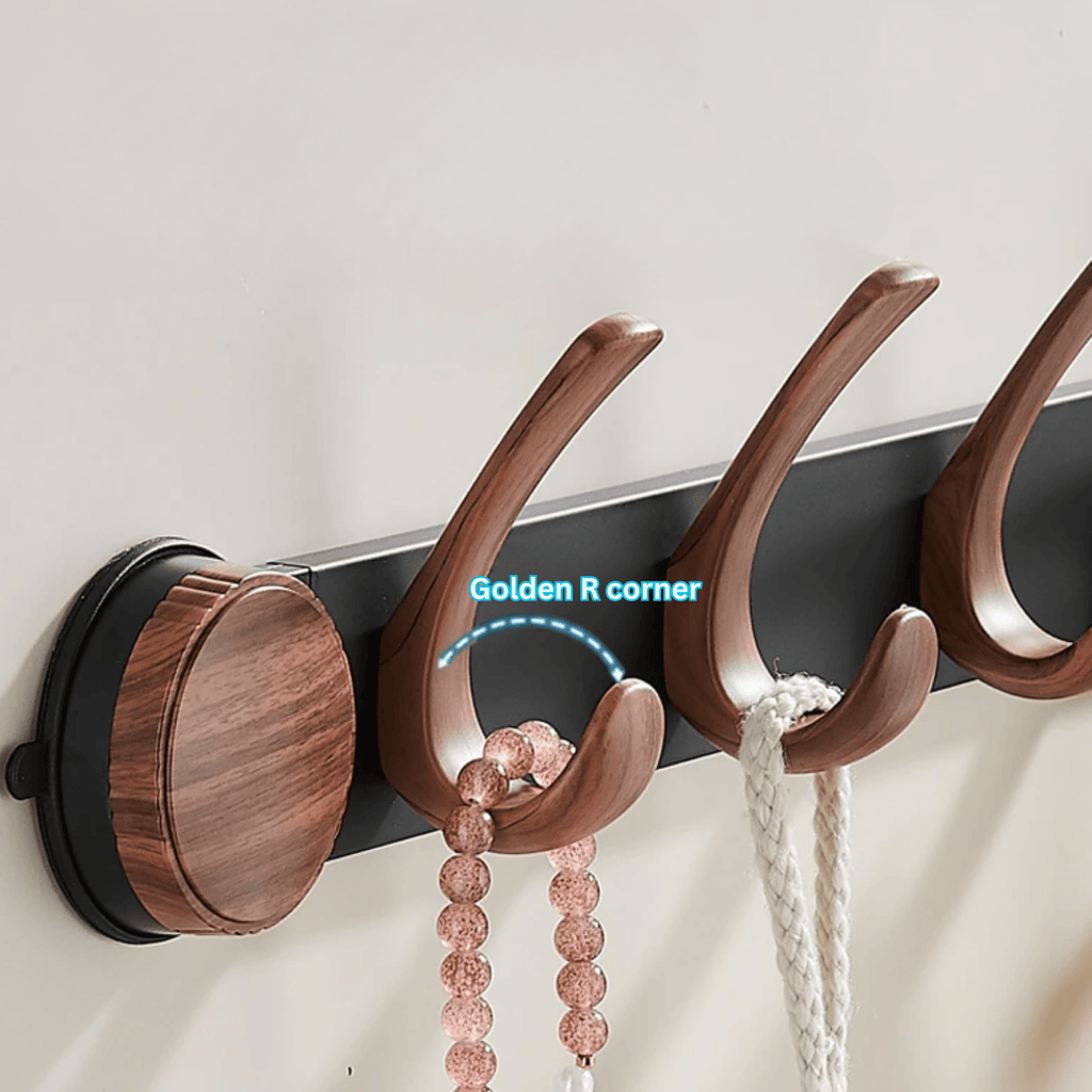 Wall-Mounted 5-Hook Rack with Vacuum Suction and Wood Finish