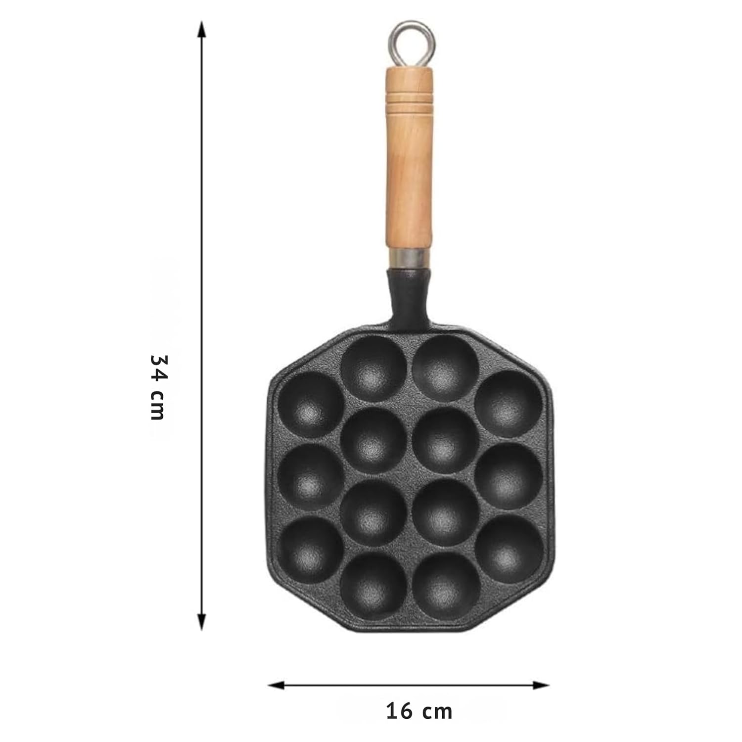 Cast Iron Non-Stick Appe/Tikki Pan with Wooden Handle (16 cm)