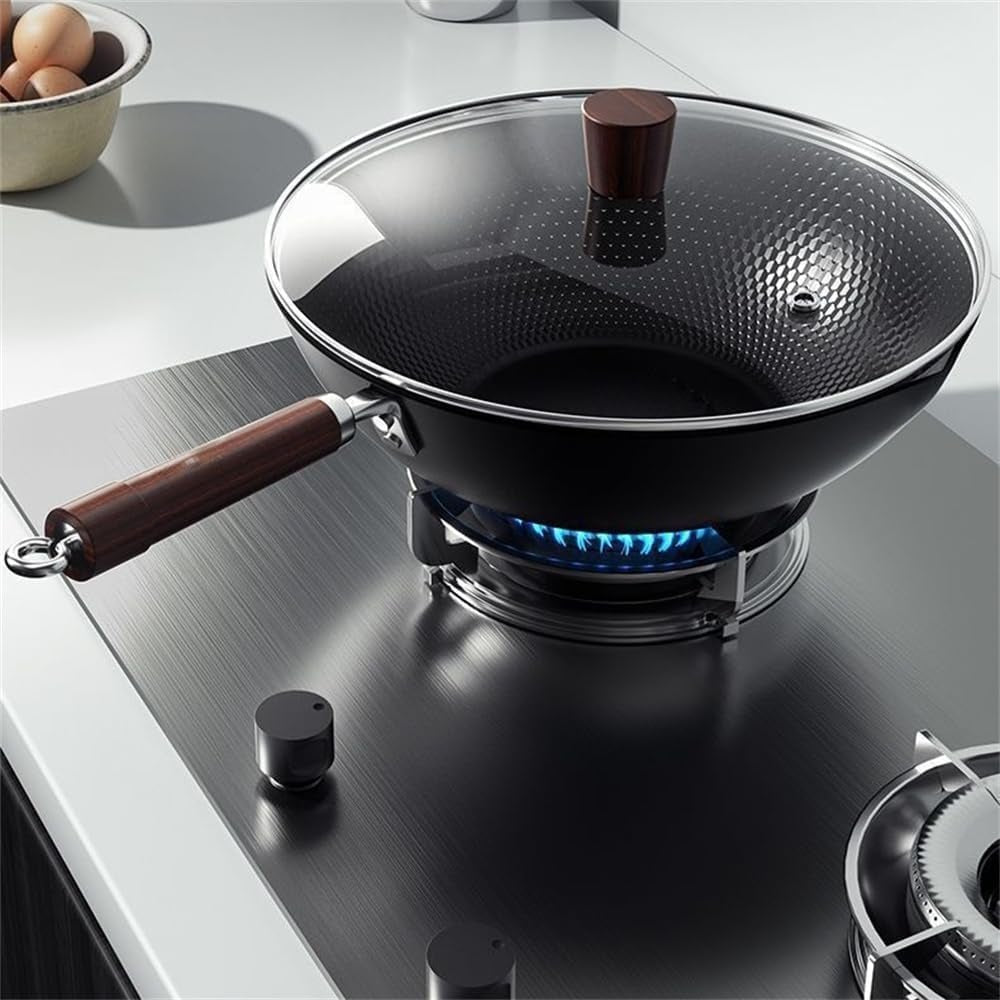 Traditional Uncoated Iron Wok with Wooden Handle & Glass Lid (30cm)