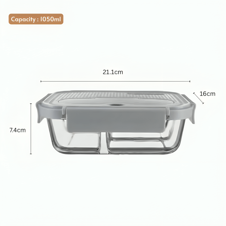 3-Compartment Rectangle Glass Food Container (1050ml)