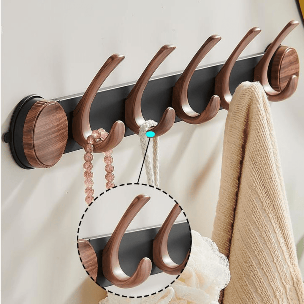 Wall-Mounted 5-Hook Rack with Vacuum Suction and Wood Finish