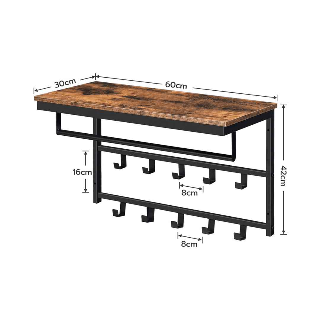 Wall-Mounted Metal Wooden Coat Rack with Shelf and Hooks