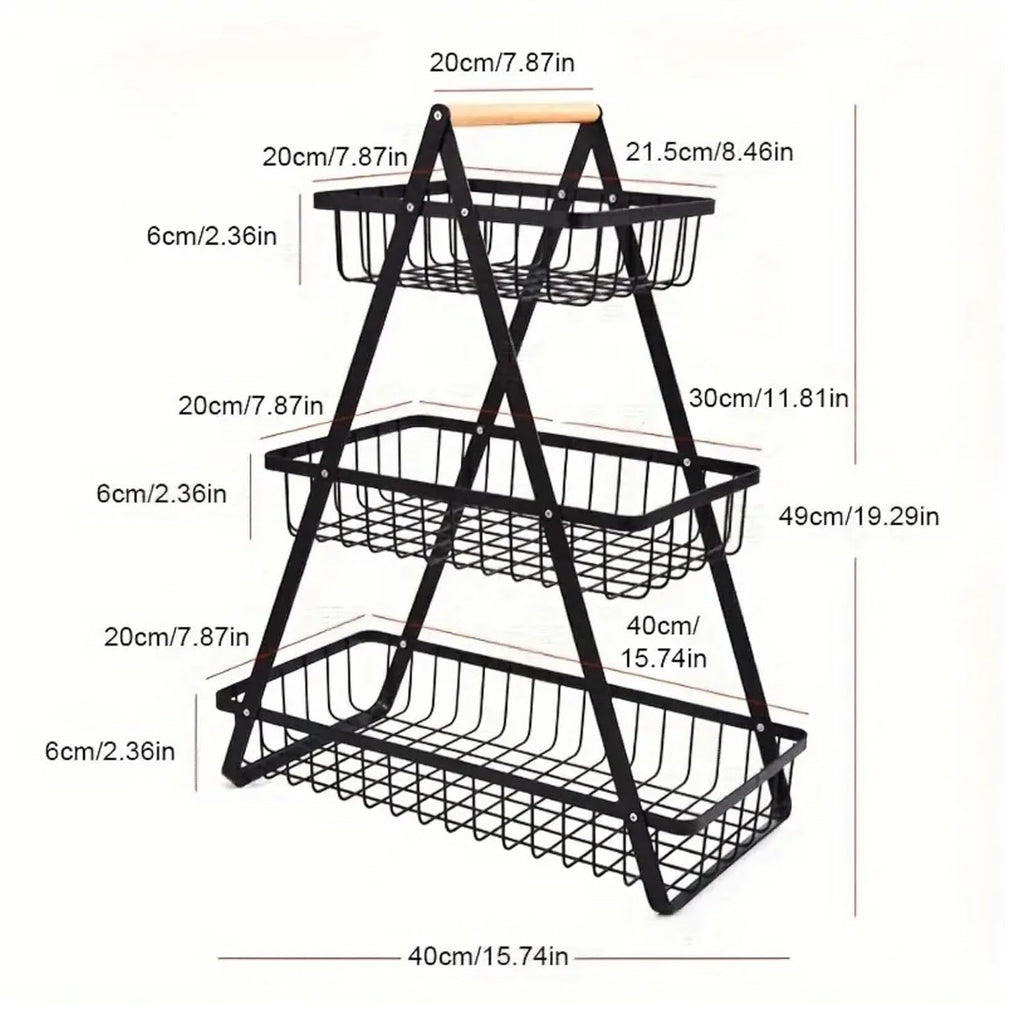 3-Tier Metal Storage Basket With Wooden Handle