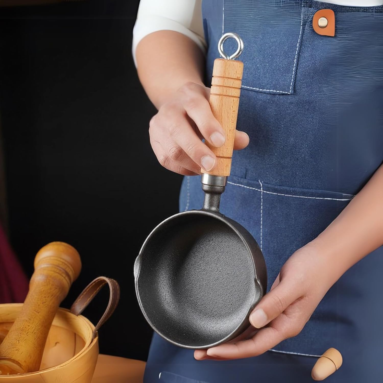 Cast Iron Non-Stick Tadka Pan with Wooden Handle