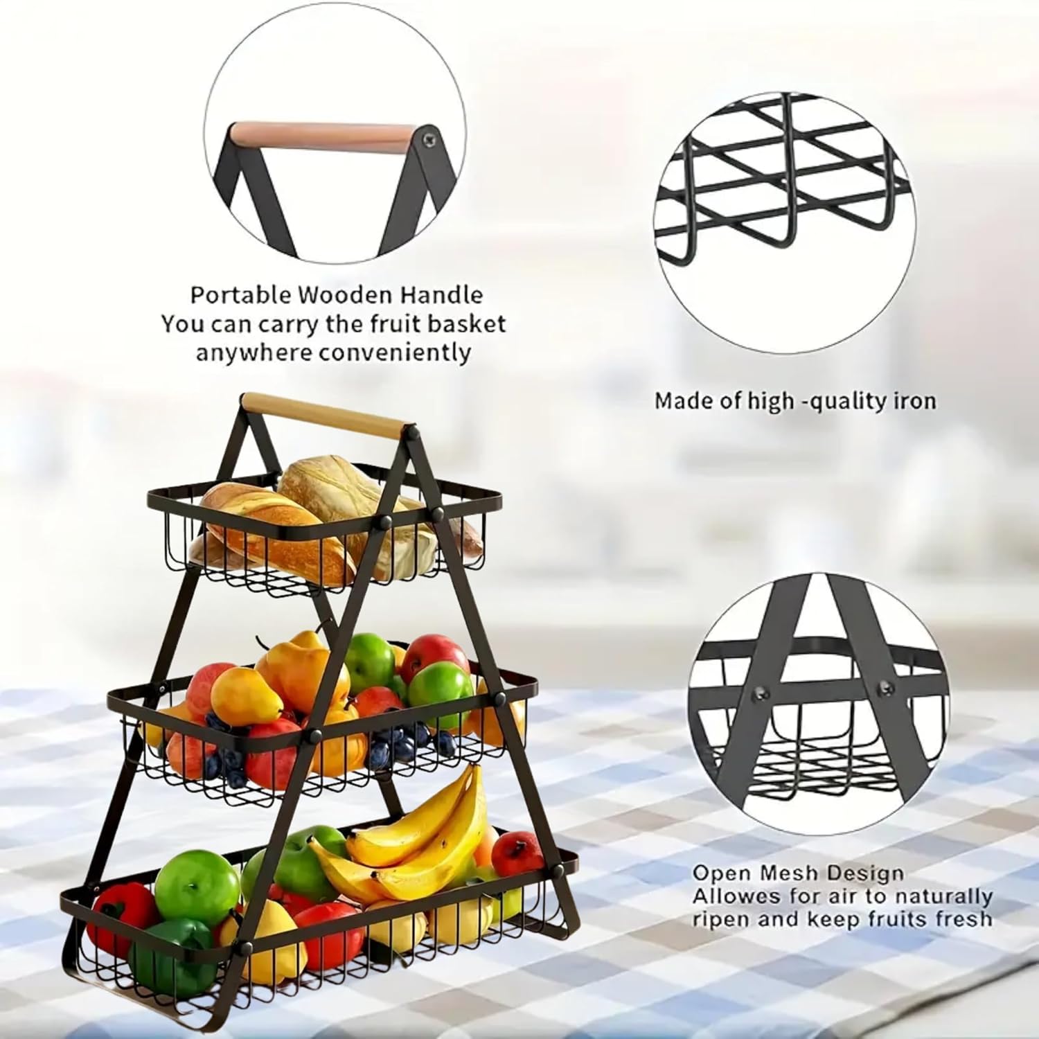 3-Tier Metal Storage Basket With Wooden Handle