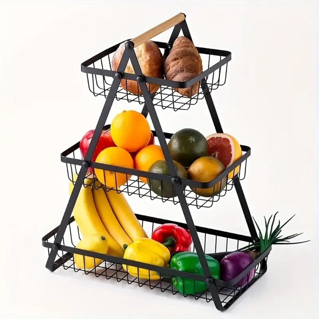 3-Tier Metal Storage Basket With Wooden Handle