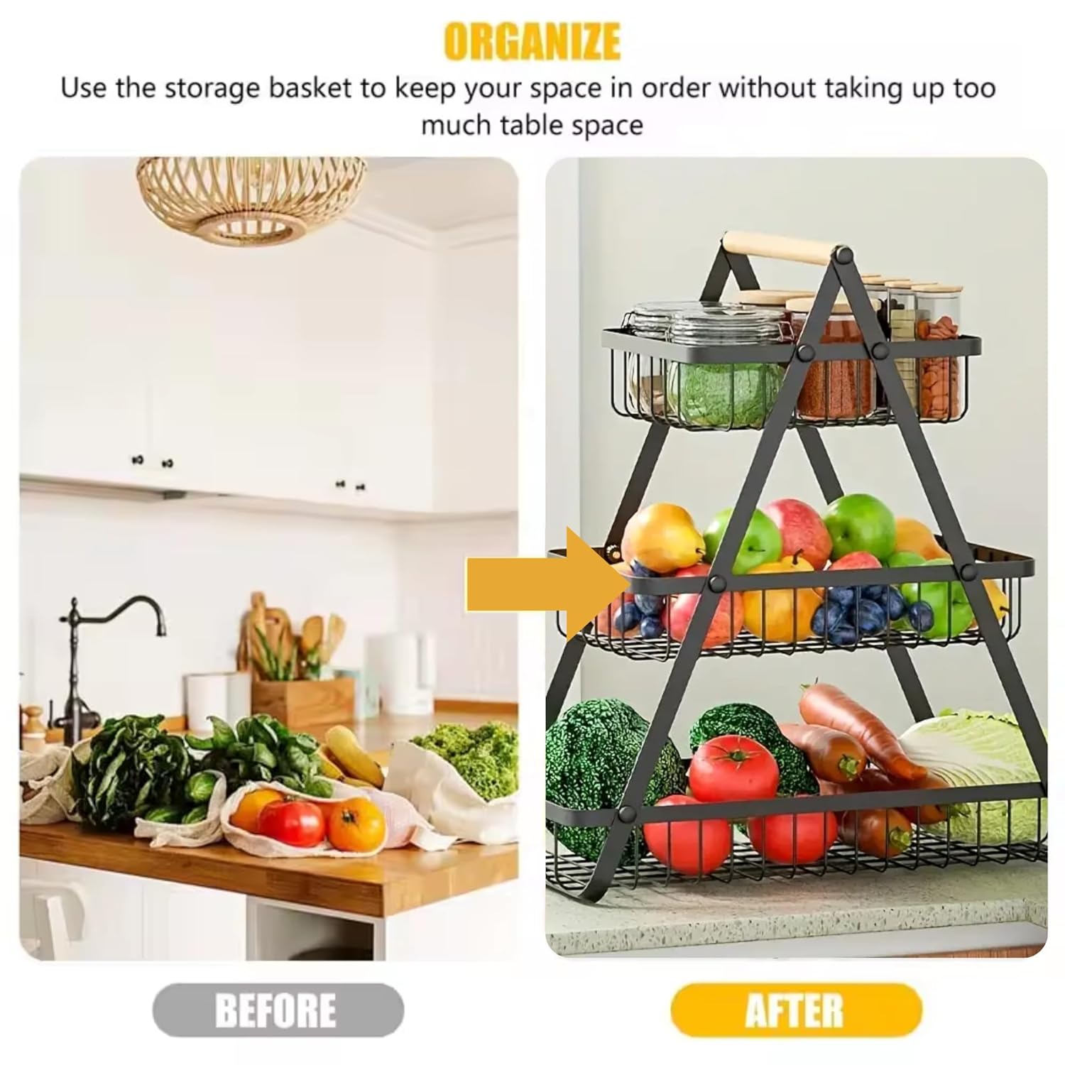 3-Tier Metal Storage Basket With Wooden Handle