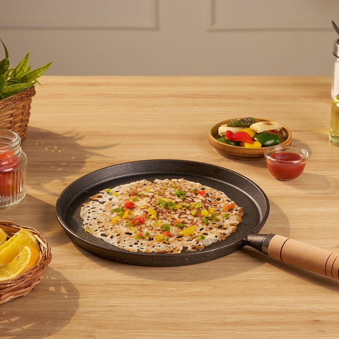 Cast Iron Non-Stick Tawa with Wooden Handle (23 cm)