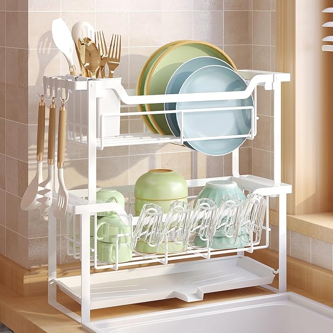 Stainless Steel 2-Tier Space-Saver Dish Rack with Drainboard (43cm)
