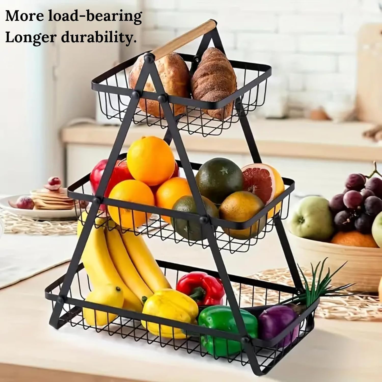 3-Tier Metal Storage Basket With Wooden Handle