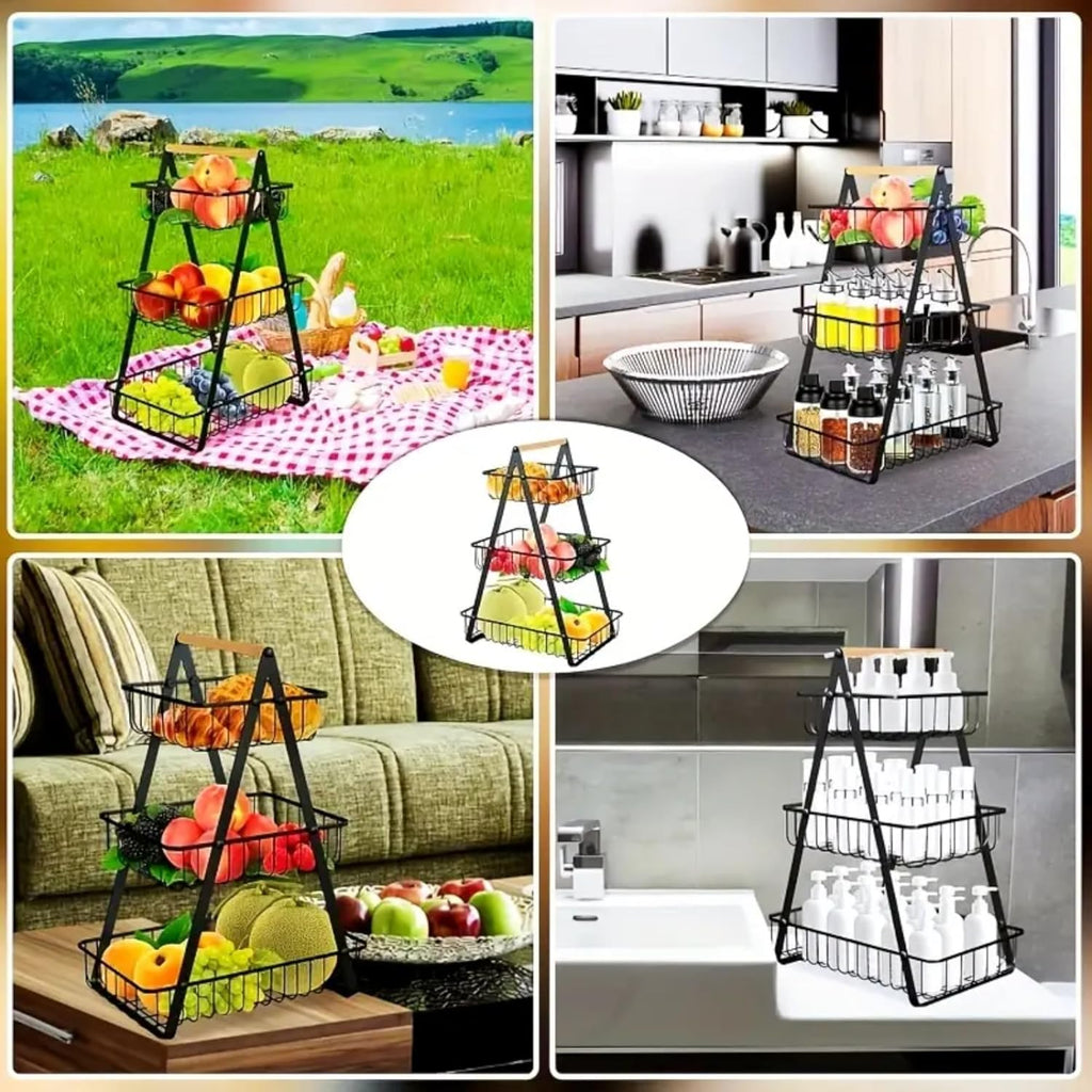 3-Tier Metal Storage Basket With Wooden Handle