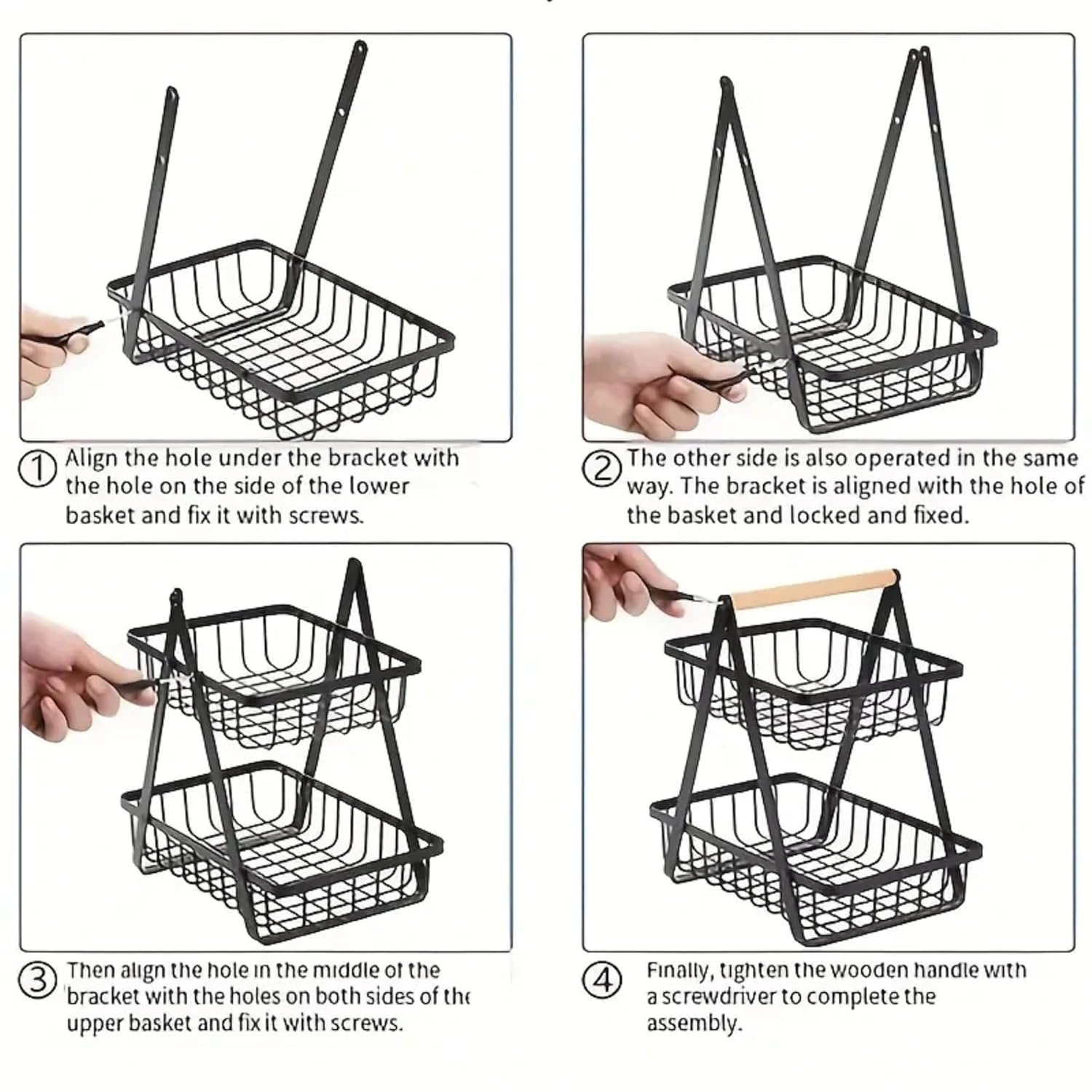 3-Tier Metal Storage Basket With Wooden Handle