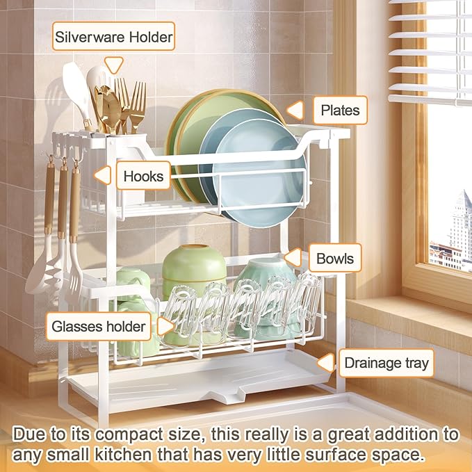 Stainless Steel 2-Tier Space-Saver Dish Rack with Drainboard (43cm)