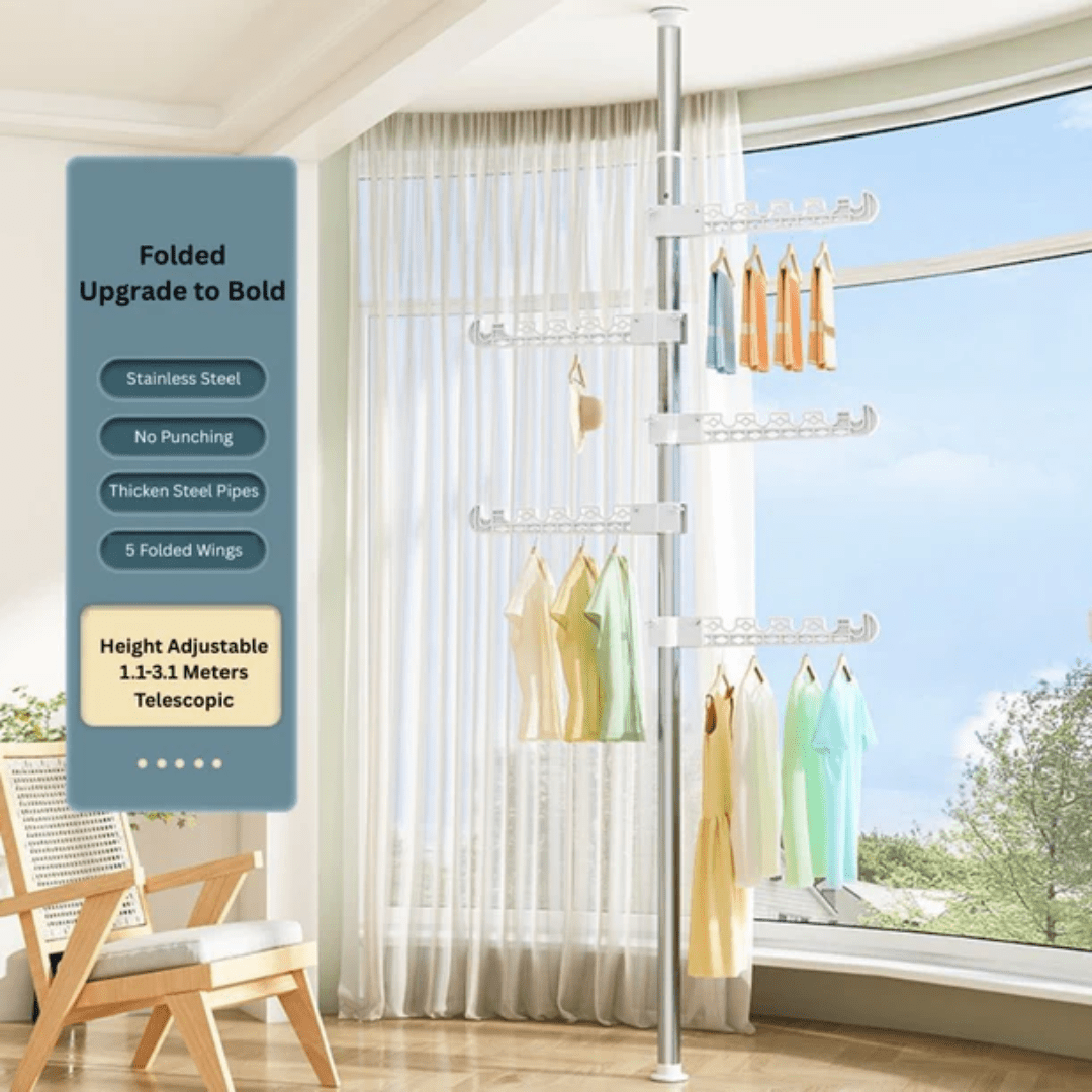 Adjustable Floor-to-Ceiling Clothes Rack with Multi Hooks