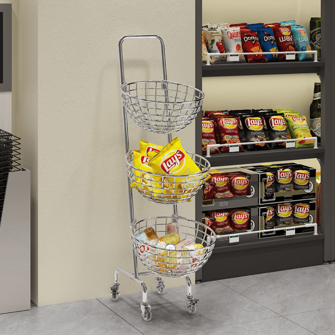 Three-Layer Carbon Steel Storage Trolley with Wheels