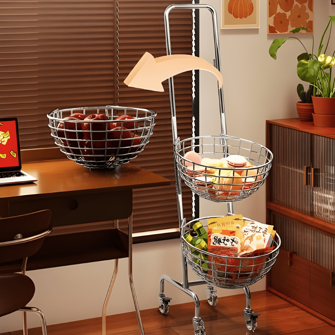 Three-Layer Carbon Steel Storage Trolley with Wheels