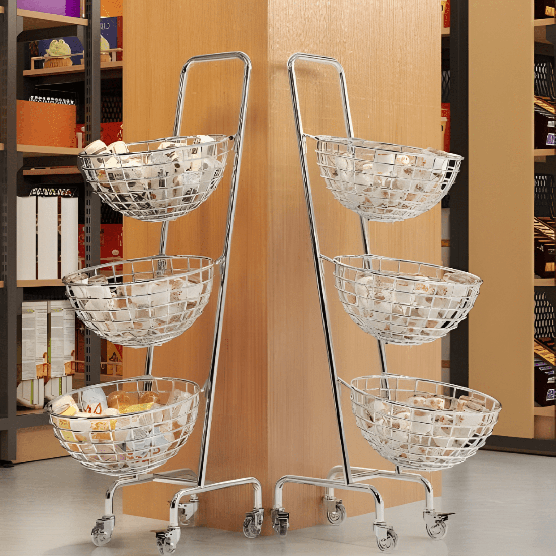 Three-Layer Carbon Steel Storage Trolley with Wheels