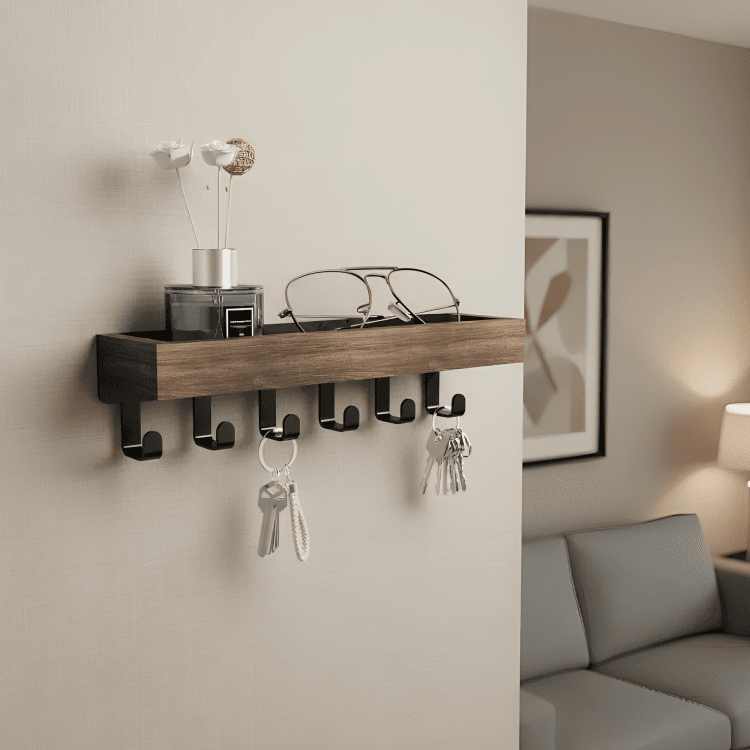 Wall-Mounted Metal Wooden Coat Rack with Shelf and Hooks