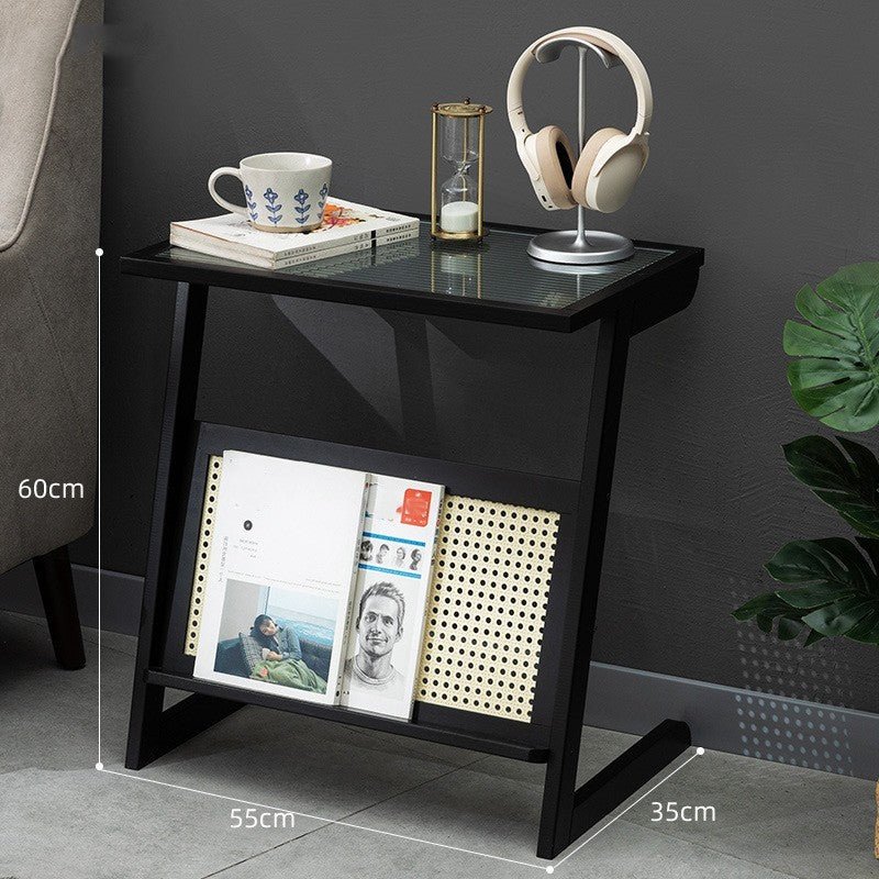 Boho Z-Shaped Glass-Top Rattan Bamboo Side Table