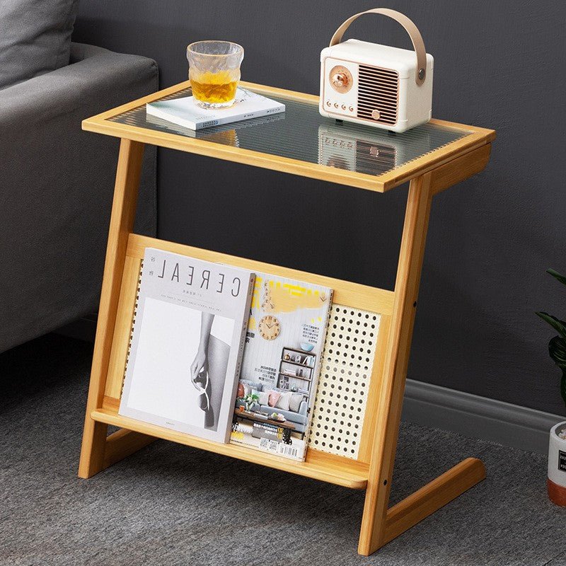 Boho Z-Shaped Glass-Top Rattan Bamboo Side Table