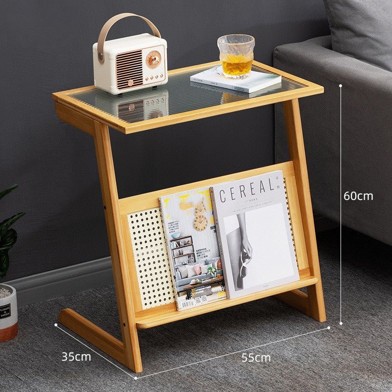 Boho Z-Shaped Glass-Top Rattan Bamboo Side Table