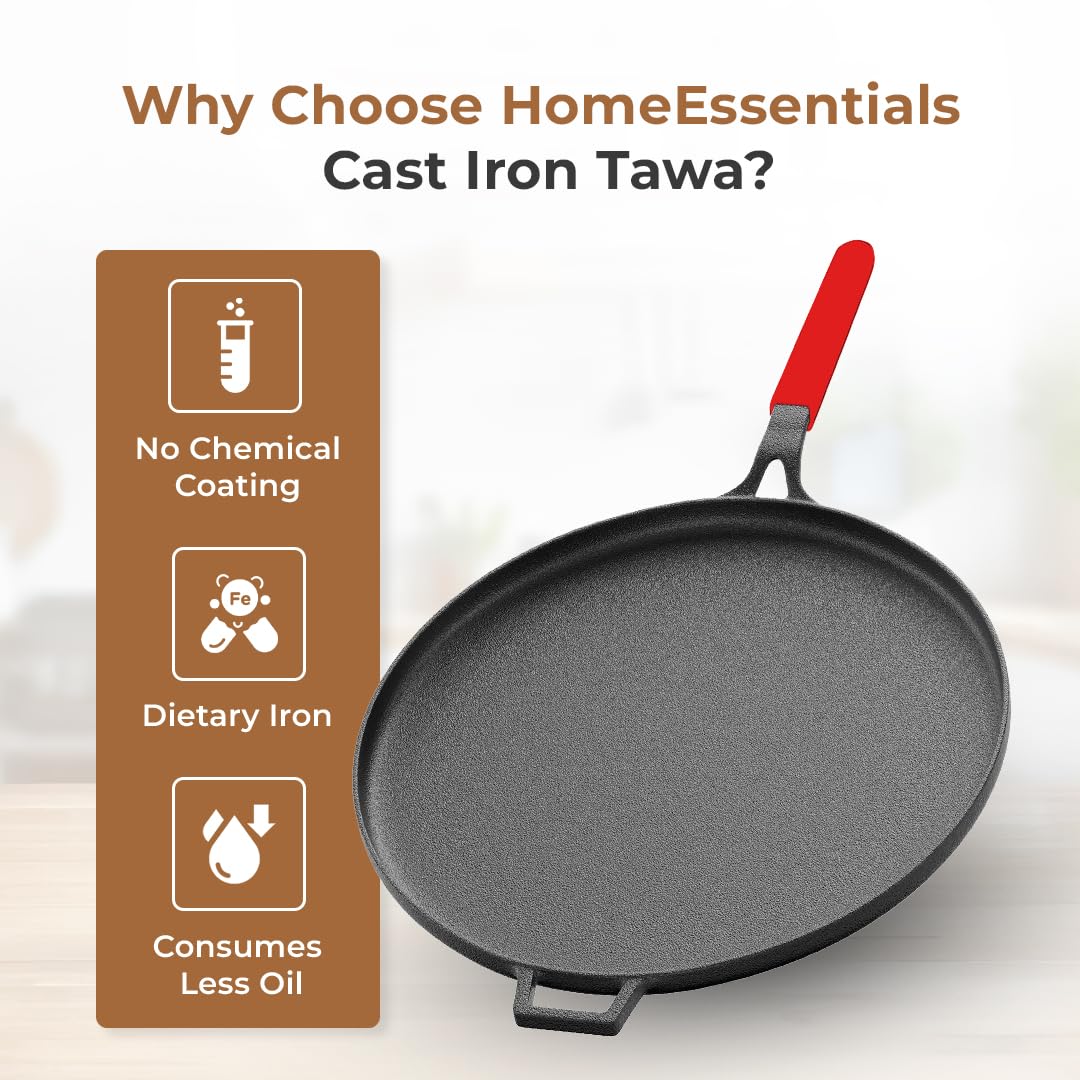 Cast Iron Flat Tawa for Dosa & Roti with Handle Cover (28cm)