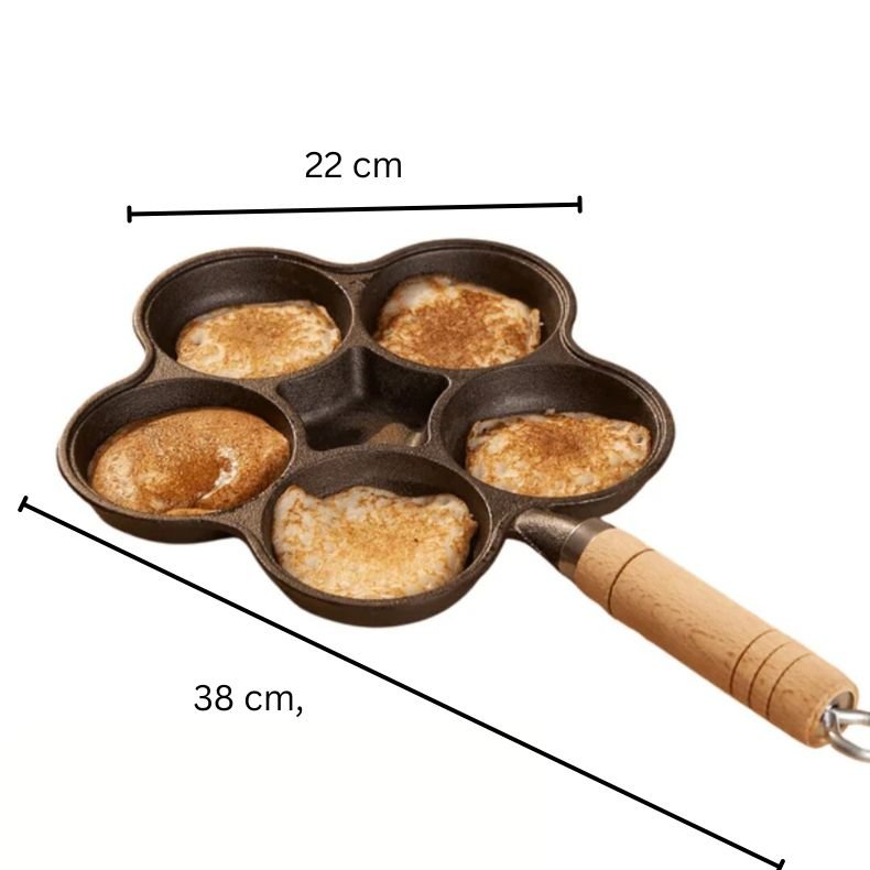 Cast Iron Nonstick Multi-Section Breakfast Frying Pan with Wooden Handle (22cm)